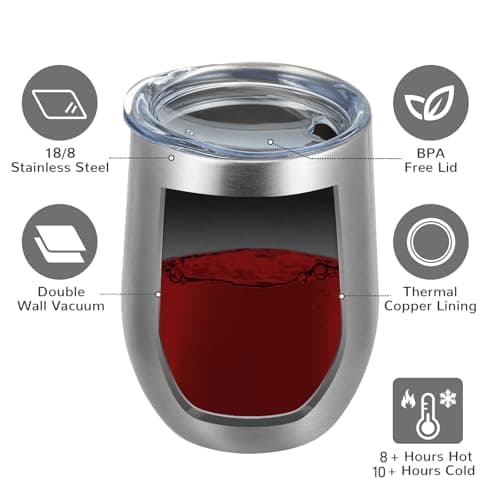 MEWAY Stemless 12oz Wine Tumbler Glasses with Lid -Insulated Double Wall Vacuum Stainless Steel Travel Tumbler with Straw,Gift for Woman Under 10 Dollars (Silver,1) — view 2