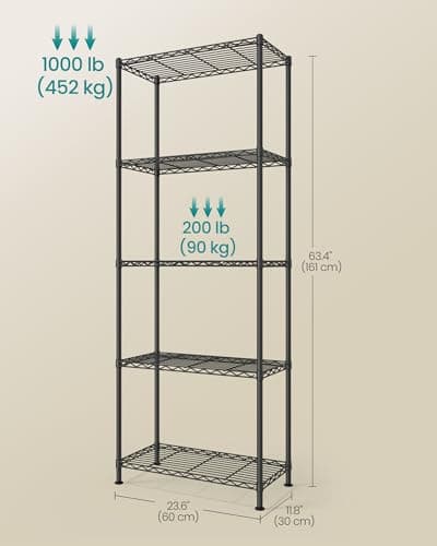 SONGMICS Storage Shelf, Metal Wire Shelving Unit, Adjustable Shelves, for Garage, Bedroom, Living Room, Kitchen, Pantry, 5 Tier, 30 x 60 x 161 cm, Ink Black ULGR165BH01 — view 2