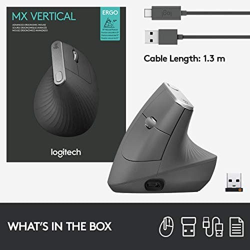 Logitech MX Vertical Wireless Mouse – Ergonomic Design Reduces Muscle Strain, Move Content Between 3 Windows and Apple Computers, Rechargeable, Graphite — view 8