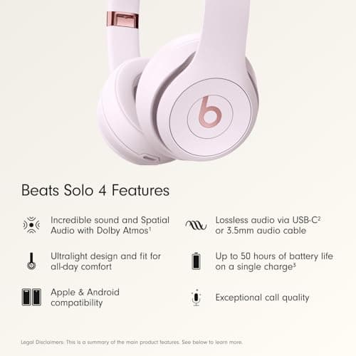 Beats Solo 4 - Wireless On-Ear Bluetooth Headphones, Up to 50-Hour Battery Life, Ultra-Lightweight Comfort, Powerful and Balanced Sound, Apple & Android Compatible - Cloud Pink