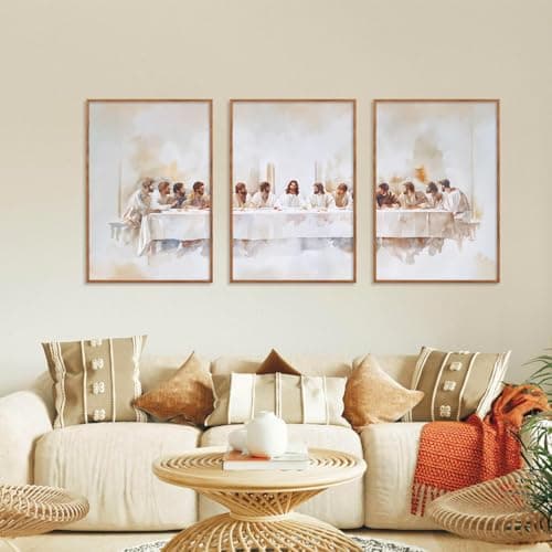 Ausril Jesus Last Supper Framed Canvas Wall Art Set, Christian Twelve Apostle Wall Decor, Bible Renaissance wall Painting, Religious Picture Art Print for Living Room, Bedroom, Church, Large 16"x24"x3