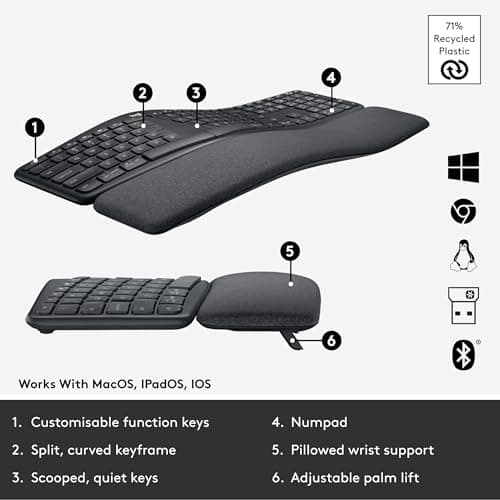 Logitech Ergo K860 Wireless Ergonomic Keyboard - Split Keyboard, Wrist Rest, Natural Typing, Stain-Resistant Fabric, Bluetooth and USB Connectivity, Compatible with Windows/Mac, Black — view 5