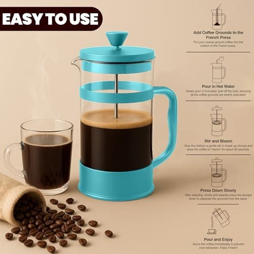 Utopia Kitchen French Press Espresso and Tea Maker with Triple Filters, Stainless Steel Plunger and Heat Resistant Borosilicate Glass (Aqua, 34-oz (Pack of 1)) — view 3
