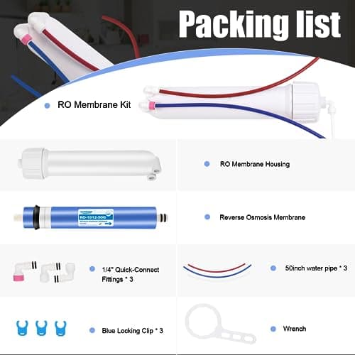 YKMGON 1812-50GPD Reverse Osmosis Membrane Kit with RO Membrane Housing,Wrench,1/4" Quick-Connect Fittings,Check Valve and Water Pipe Replacement for Under Sink Home Drinking RO Water Filter System — view 2