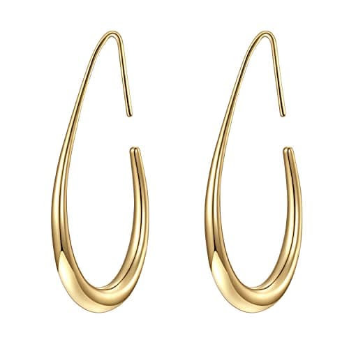 Lightweight Teardrop Hoop Earrings for Women - 14k Gold/White Gold Plated Large Oval Pull Through Hoop Earrings High Polished Statement Jewelry Gift for Women(gold 30 * 18)