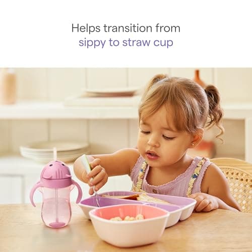 Munchkin Any Angle Spill Proof Weighted Straw Trainer Cup, Transition Sippy Cups for Toddlers and Babies, Click Lock Technology & Fun Cat Design, 10 Ounce, Purple — view 2