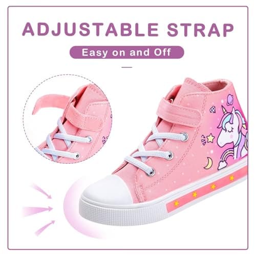 EUXTERPA Kids Toddler Sneakers Light Up Flashing Shoes Girls Easy Fasten High Top Walking Canvas Sneaker, Pink Unicorn, Little Kid Size 11 — view 3