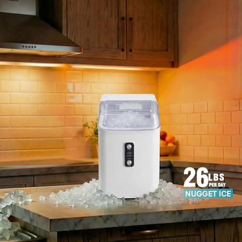 KMFurnila Nugget Ice Maker Countertop, Portable Ice Makers Machine with Removable Basket and Scoop, Self-Cleaning, Quiet, 6-Min Ready, 24lbs in 24Hrs, Visible, for Home, Party, RV, Camping, White — view 2