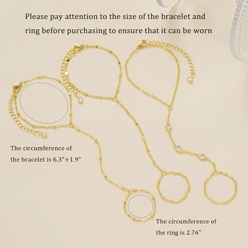 3PCS 14K Gold-Plated Hand Chain Bracelets for Women, Stack Bracelets Set Adjustable, Dainty Ring Bracelet Hand Chain — view 5