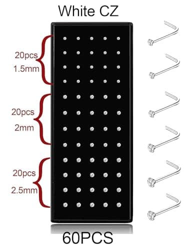 Thunaraz 60pcs Stainless Steel Nose Studs Rings Piercing Pin Body Jewelry 20G 1.5mm 2mm 2.5mm L-Shape — view 5