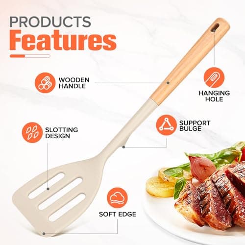 Silicone Cooking Utensils Set of 10 with Wooden Handle,No Scratch for Nonstick Cookware Slotted Spoon&Spatula,Solid Spoon&Spatula,Large Measuring Ladle,Brush,Rice Paddle,Baking Turner&Flipper (Khaki)