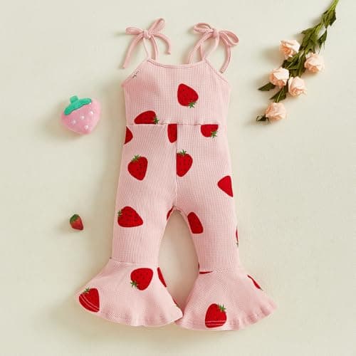 Toddler Baby Girl Romper Overalls Outfit Plaid Jumpsuit Floral Strawberry Birthday Flare Pants Summer Clothes (B5 Strawberry Pink, 12-18 Months) — view 3