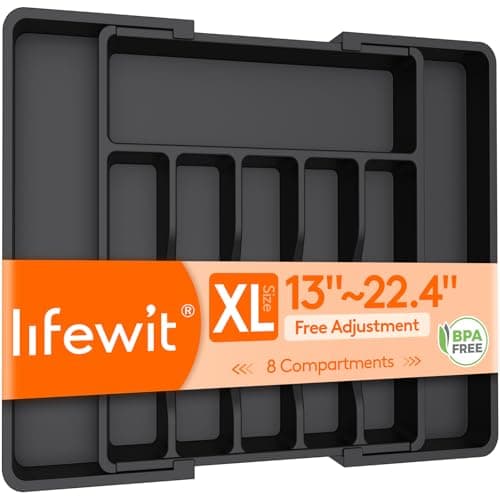 Lifewit Extra Large Cutlery Organizer, Expandable Silverware Drawer Organizer for Kitchen, Adjustable Cutlery Tray Drawer Organizer for Spoon Forks Knives, Cutlery Crocks, 13-22 x 15", Black