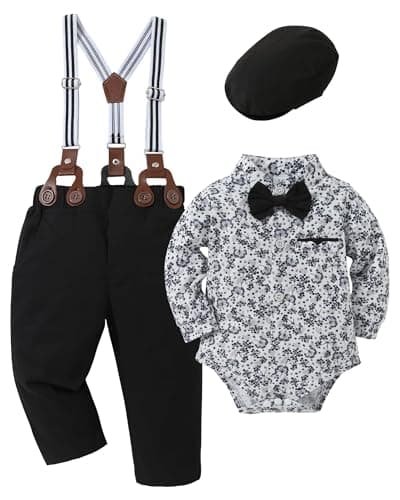 SOLOYEE Baby Boy Clothes Suits 18-24 Months Baby Boys Formal Wedding Outfits Long Sleeve Dress Shirt + Suspender Pants + Bowtie + Beret Gentleman Clothing Set (Black, 18-24 Months)