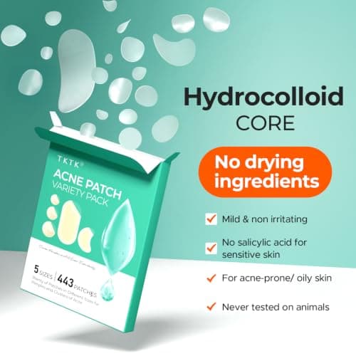 TKTK 443 Count Pimple Patches for Face, Hydrocolloid Acne Patch Bulk, Acne Stickers for Covering Cheeks, Forehead, Chin Blemishes Zit Breakouts for All Skin Types (Dots, Strip, Contoured 5 Sizes) — view 4