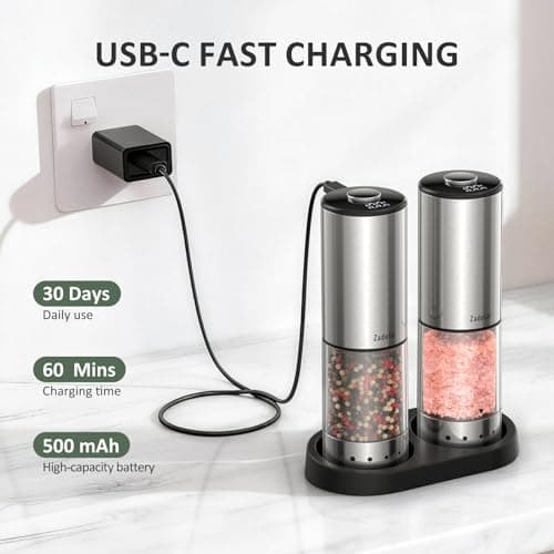 Rechargeable Electric salt and pepper grinder set with Storage Base,Automatic Refillable Salt and Pepper Shakers with LED Display,Upgraded Large Capacity,External Adjustable Coarseness for Mom Gifts — view 2