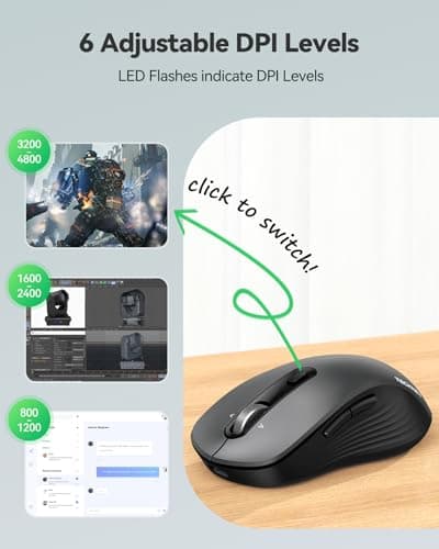 TECKNET Rechargeable Bluetooth Mouse, [ USB + BT5.0 + BT3.0 ] Wireless Mouse, Ergonomic 4-Way Scroll Wheel Computer Mice, 6-Level 4800 DPI Silent Mice, Multi-Device for Computer/Laptop/MacBook (Grey) — view 4