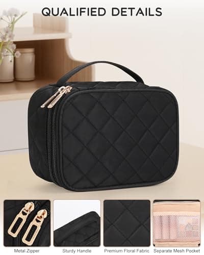 Relavel Small Makeup Bag, Travel Cosmetic Bag with Makeup Brush Compartment, Cute Make Up Pouch for Women, Double Layer Toiletry Organizer for Short Trip, Office - Black — view 4