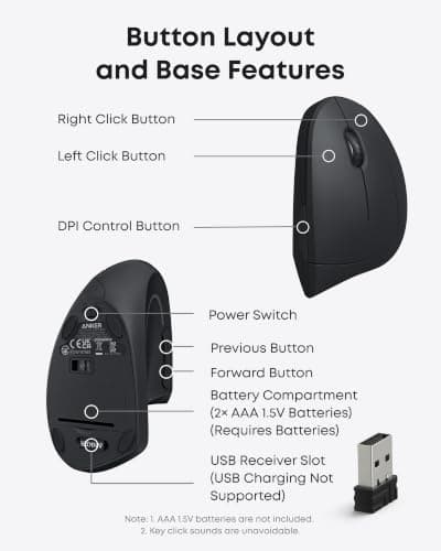 Anker 2.4G Wireless Vertical Ergonomic Optical Mouse for Work, Multi-Device Connectivity, 800/1200 /1600 DPI, 5 Buttons for Laptop, Desktop, PC - Black — view 4