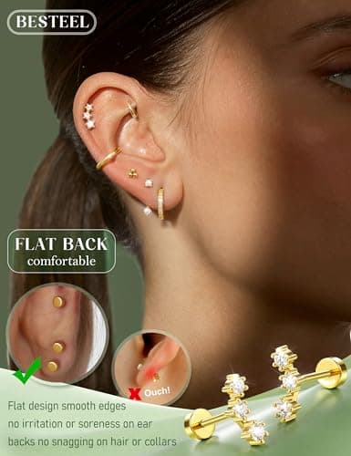 Hypoallergenic Flat Back Earrings 14K Gold Plated Cartilage Earring Stacks for Sensitive Ears Surgical Steel Small Huggie Hoops Flatback Stud Earrings Set for Multiple Piercing Jewelry 14k Gold Plated — view 2