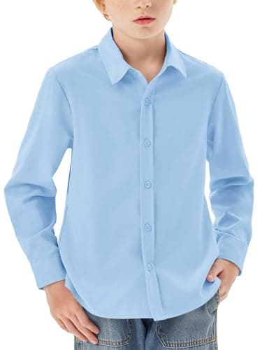 Haloumoning Boys Long Sleeve Dress Shirts Kids Classic Collared Button-Down Shirt School Uniform Shirts 5-14 Years, Sky Blue, 11-12 Years