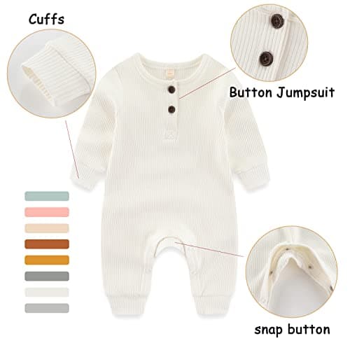 Newborn Baby Boys Girls One Piece Romper With Mitten Cuffs 3 Pack Long Sleeve Ribbed Button Jumpsuit Outfit Clothes white+blue+green 3 months — view 4