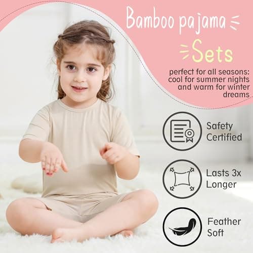 MICHLEY Bamboo Toddler Pajamas 2T - Soft Rayon Bamboo Sleepwear Short Sleeve PJS Set, 4-Piece Top & Shorts Casual Outfit, Mommy and Me PinkBeige Outfits Machine Wash, Gift for Boys Girls — view 4