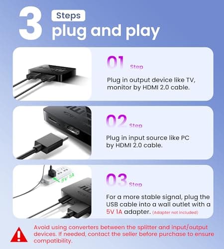 avedio links HDMI Splitter 1 in 2 Out [w/ 4 Ft Hdmi Cable]Not for Extended Display-Mirror Same Screen Only, 4K 1x2 HDMI Splitter 1 to 2 for 3D 1080P@60Hz, Copy 1 Source to 2 Displays at The Same Time — view 5