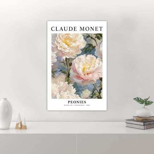 Vintage Peonies Wall Art Print Floral Canvas Poster White Pink Peony Flower Claude Monet Oil Painting Style Picture for Bedroom Wall Decor Elegant Art (Creamy Peonies,Framed,16x24inch(40x60cm)) — view 2