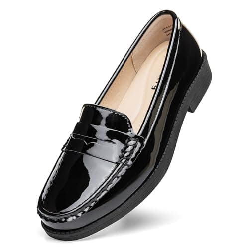 Freeberry Women's Comfortable Leather Penny Loafers Slip On Business Casual Dress Shoes Lightweight Office Work Flats Everyday Walking Shoes for Women, Black Patent, 7.5 M US