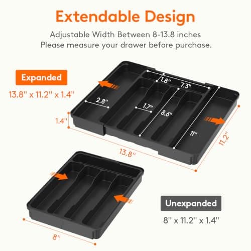 Lifewit Expandable Silverware Organizer, Plastic Utensil Tray for Kitchen Drawer, BPA Free Flatware Cutlery Holder, Space-Saving Storage for Spoons Forks Knives, 8-13.8 x 11.2 x 1.4 inch, Black — view 2