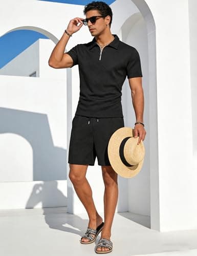 UOUA Men's 2 Piece Summer Polo & Shorts Set Quarter Zip Track Suit for Golf Lounging Casual Outfits Black XL