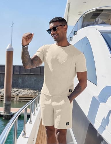 UOUA Mens Short Sets 2 Piece Summer Outfits Casual Short Sleeve Crew-Neck Shirts & Shorts Track Suit Jogging Loungewear, Beige L — view 2