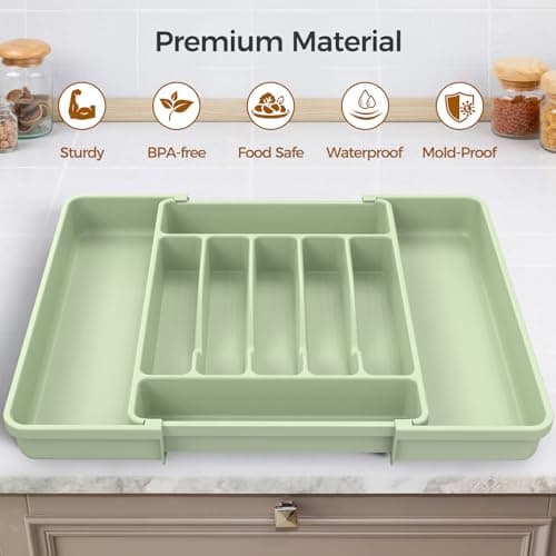 ukeetap Extra Large Expandable Silverware Organizer, BPA-Free Food-Safe Cutlery Flatware Organizer, Kitchen Utensil Drawer Organizer, Adjustable Silverware Holder for Spoons Forks Knives, Green — view 3