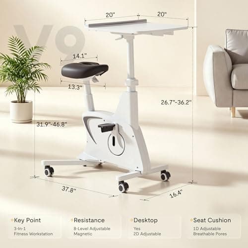 FLEXISPOT Exercise Bike with 2D Desktop, Space Saving Under Desk Bike with Removable Desk, Stationary Bikes Upright Indoor Bikes with 8 Level Magnetic Resistance Upgraded Pro Flywheel, V9 White — view 8
