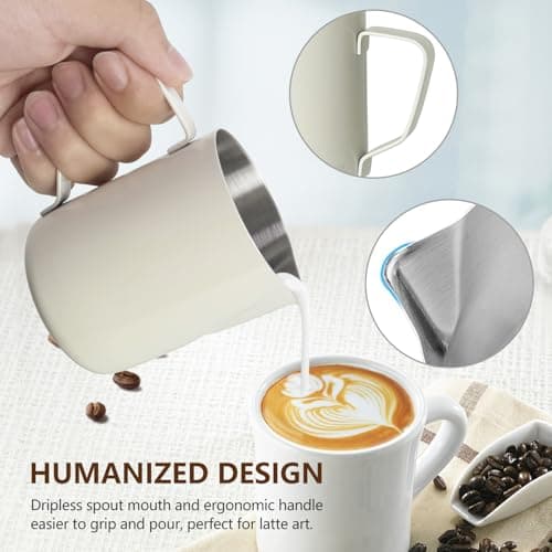 HOOMIL Milk Frothing Pitcher, 12oz/20oz/32oz Stainless Steel Steaming Pitcher Barista Milk Frother Cup Jug for Espresso Machine Coffee Cappuccino Latte Art - 12oz, Matte White — view 4