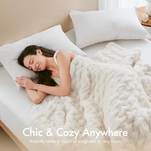 Madison Park Ruched Fur Luxury Throw Premium Soft Cozy Brushed Long Faux Fur For Bed, Couch or Sofa , 50x60" , Ivory — view 3
