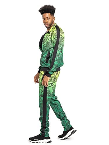 Men's Tiger Stripes Reflective Tape Track Suits 2 Piece Sweatsuit Set ST576 - Neon Yellow - X-Large - CC1I