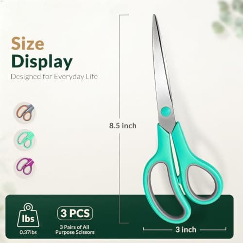 Scissors 8.5 Inch scissors all purpose for Office, Home, Sewing,and Crafts,Soft Comfort-Grip Right/Left Hand 3-Pack, Multicolor