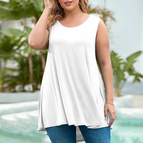 Womens Plus Size Tunic Tops Loose Fit Summer Casual Shirts Sleeveless Crewneck Flowy Blouses Wide Strap Camisole White