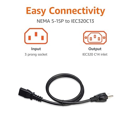 Amazon Basics PC Power Cord, 3 Feet, 3 Prong AC Power Cord for Monitor, Computer, TV, 18 AWG, 125 Volts, Black — view 2