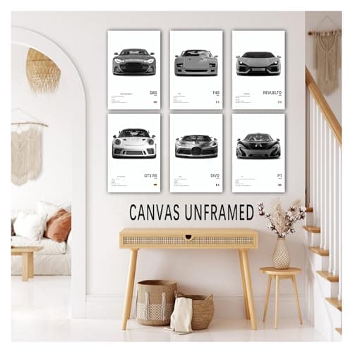6Pcs Black & White Sports Car Posters Supercar Canvas Prints 8x12 Unframed — view 2