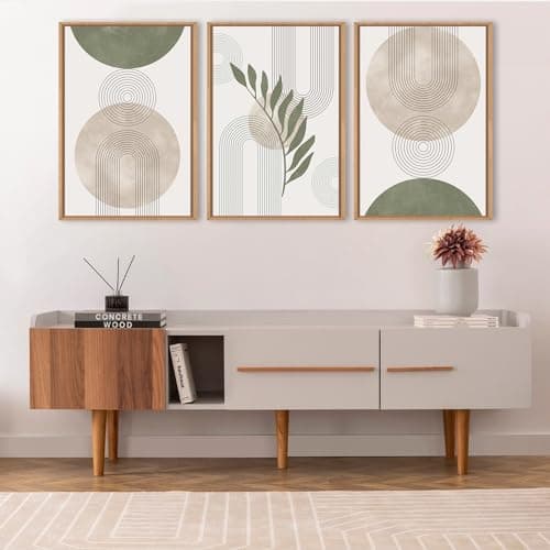 HPNIUB HPINUB Sage Green Framed Canvas Prints Wall Art Set, Abstract Botanical Boho Wall Decor, Minimalist Geometric Line Leaf Canvas Artwork for Living Room, Bedroom, Dining Room, Office, Bathroom - — view 2
