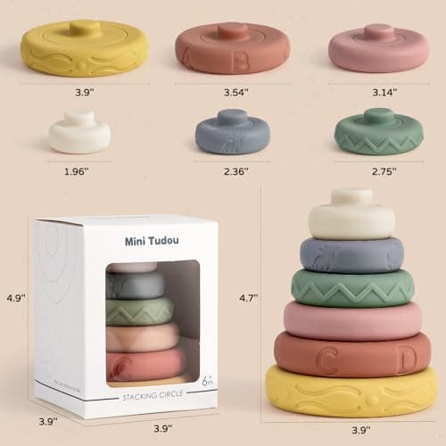 Mini Tudou 6 Pcs Stacking & Nesting Circle Toy 4.7",Soft Building Rings Stacker & Teethers,Squeeze Play with Early Educational Learning Stacking Tower, Toy for 6+ Months Boys&Girls — view 3