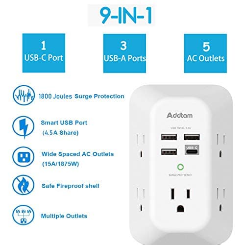 Addtam 5-Outlet Extender Surge Protector, Multi Plug Wall Outlet with 4 USB Wall Charger(1 USB C Ports), Outlet Splitter for Home Office Dorm Room Essentials, Plug Extension Outlet 1800J, 2 Pack