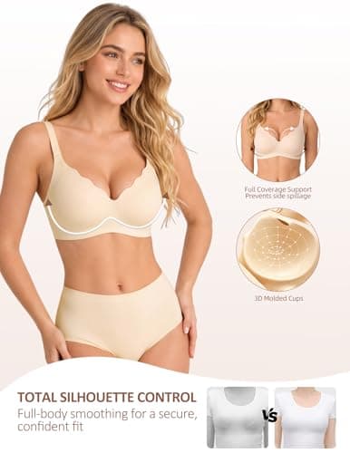 PoseFree Bras for Women Full Support - Push Up, Side Back Smoothing Jelly Bras Scalloped Seamless Wireless Comfort Everyday Tshirt Bralette - Nude L — view 3