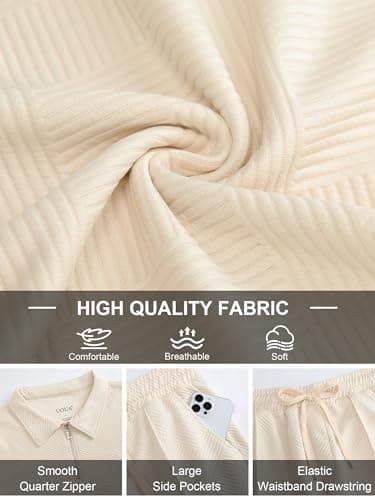 UOUA Men's 2 Piece Summer Polo & Shorts Set Quarter Zip Track Suit for Golf Lounging Casual Outfits Beige M — view 7