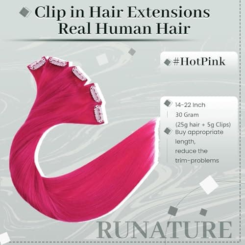 RUNATURE Pink Clip in Hair Extenisons Human Hair Tangle-free 20" 30g 5pcs — view 2