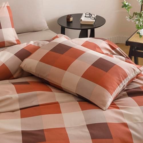 Wellboo Red Plaid Comforter Sets King Size Taupe and Orange Grid Bedding — view 5