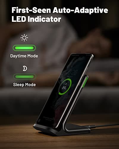 INIU Wireless Charger, 15W Fast Wireless Charging Stand with Sleep-Friendly Adaptive Light for iPhone 17 16 15 14 13 12 Pro Max Plus Samsung Galaxy S23 S22 Ultra S21 Note 20 Google etc — view 2